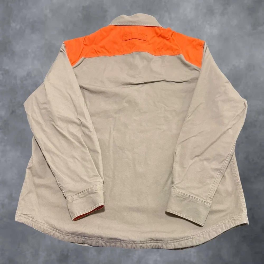 Duluth Trading Co Mens XL Tan Blaze Orange Fleece Lined Snap Shirt Jacket Canvas